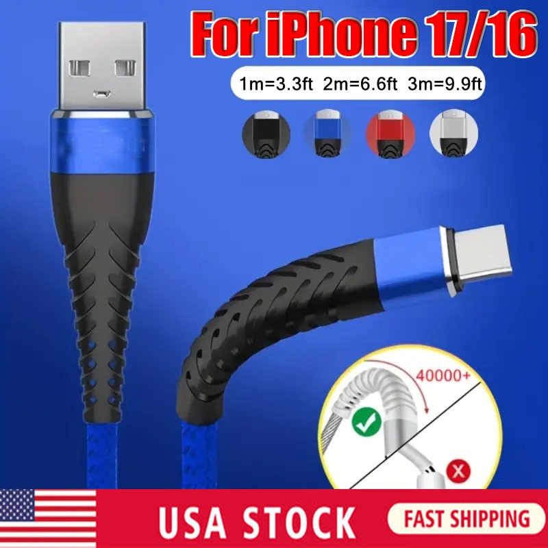 For iPhone 17 Pro Max 16 Plus USB-A Cable Fast Braid Type C Charging Data Cord