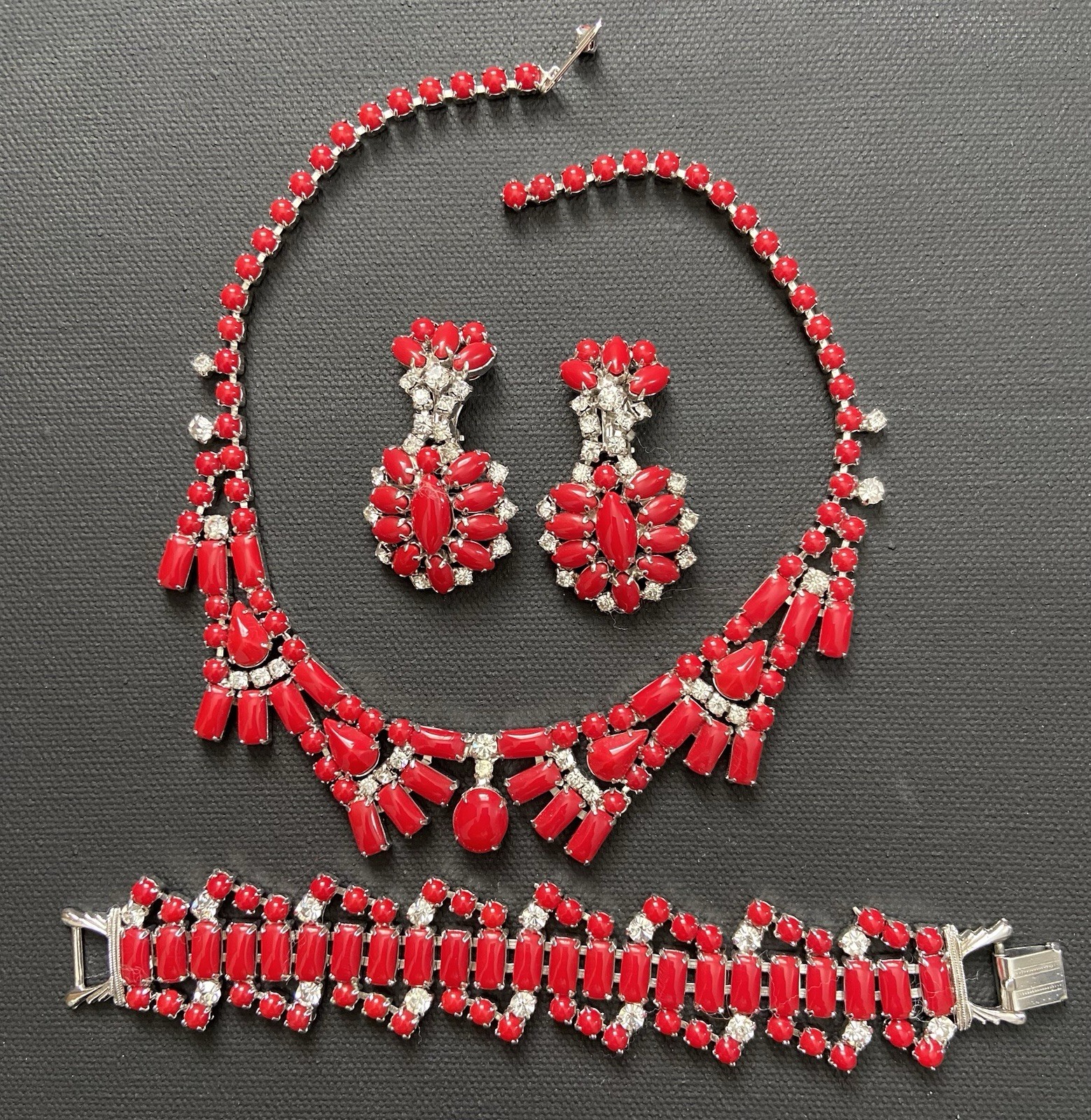 Vintage By Gale Demi Parure Deep Red Rhinestone Choker Bracelet Clip Earrings