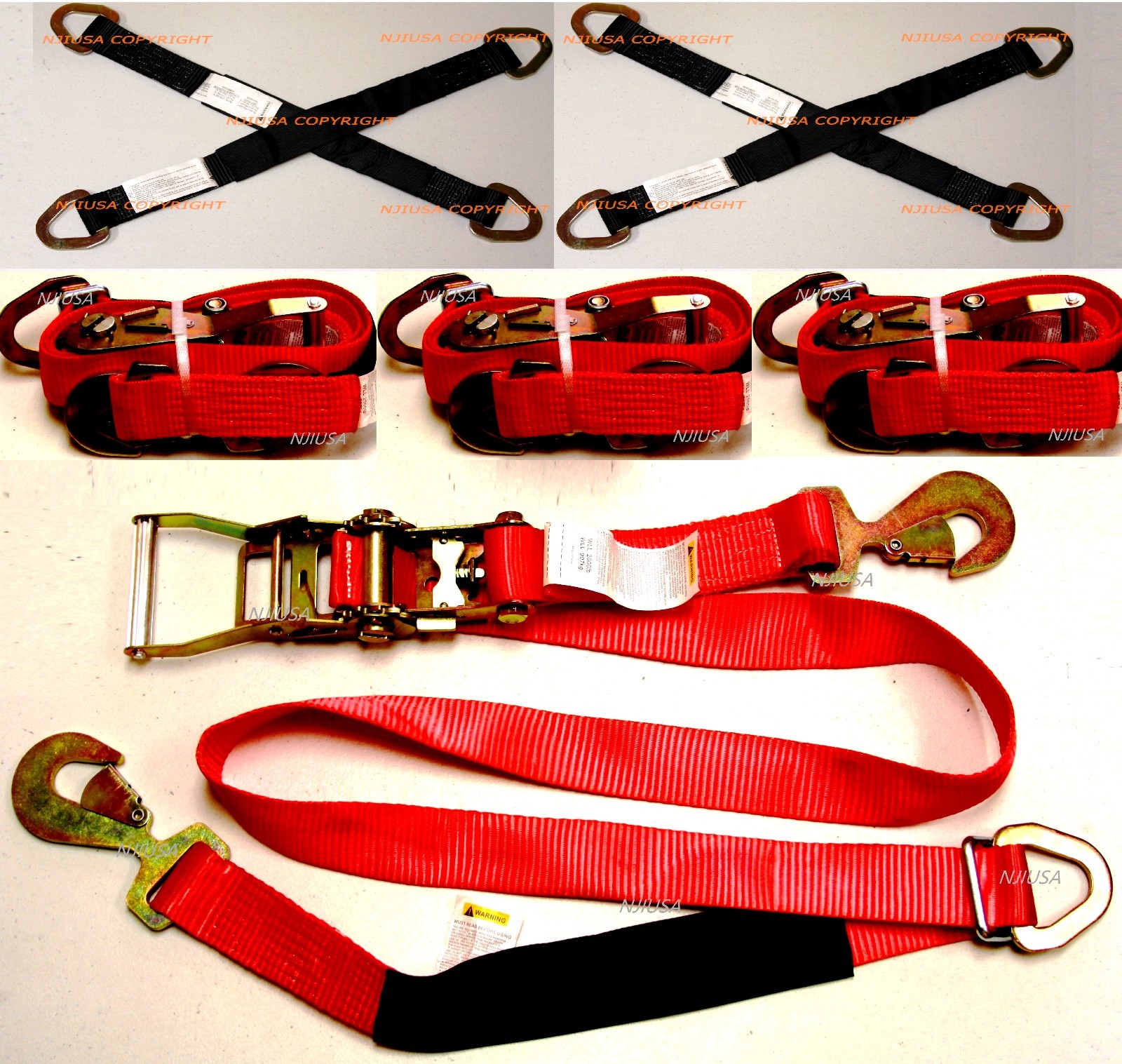 4x Sets Axle Straps Car Hauler Trailer Auto Tie Down Ratchet Tow QUALITY Kit RED