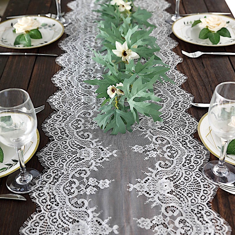 WHITE 15" x 117" Premium Lace TABLE RUNNER Scalloped edges Party Decorations