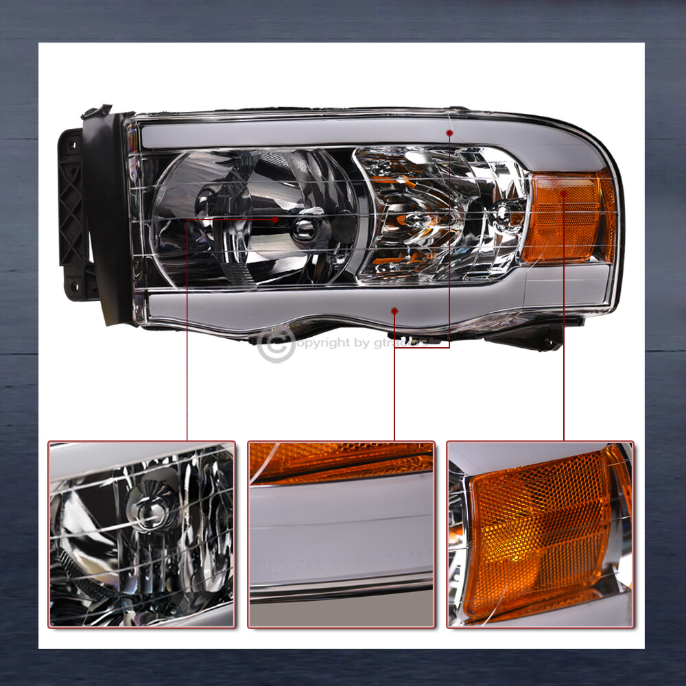 Switchback Sequential For 2002-2005 Dodge Ram Chrome Headlights w/LED Tube Bar