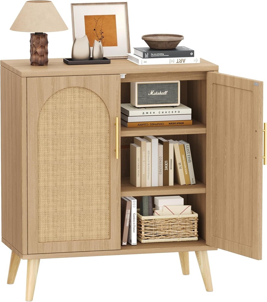 Rattan Buffet Cabinet with Storage, Boho Buffet Table with Adjustable Shelf and