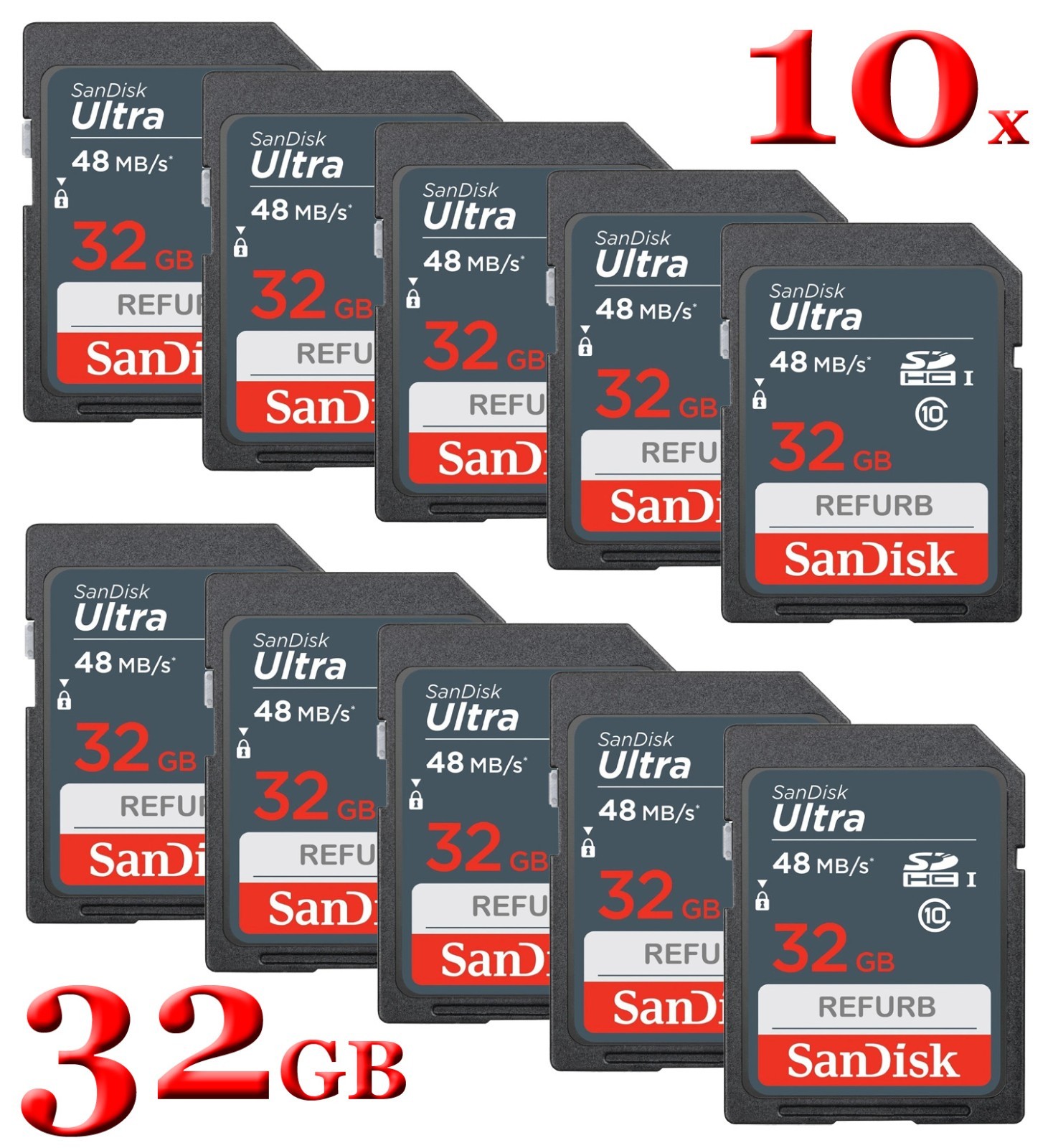 LOT 10x SanDisk SD Ultra 32GB - Class 10 SDHC-I 48MB/s Flash Memory Card