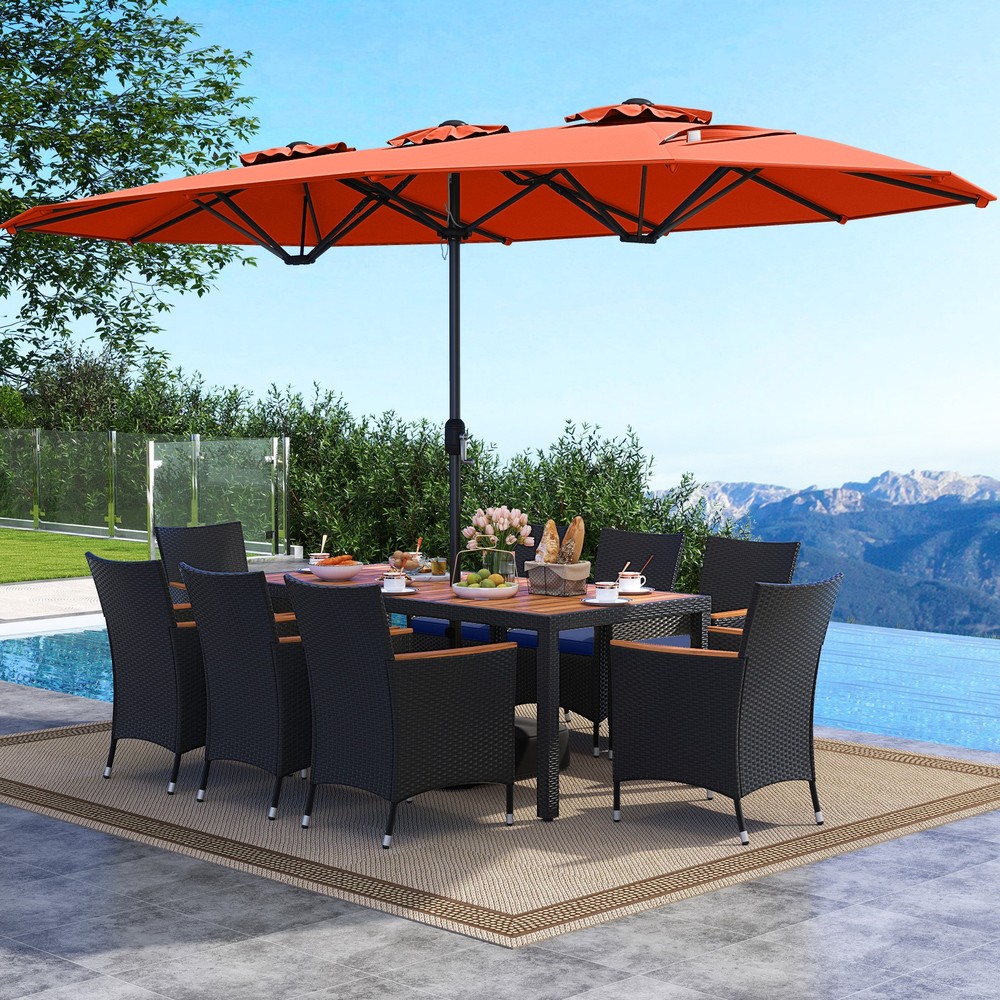 11 PCS Patio Wicker Dining Set w/Double-Sided Outdoor Umbrella 8 Stackable