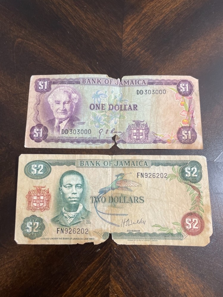 1 and 2 dollar notes Jamaica 1960