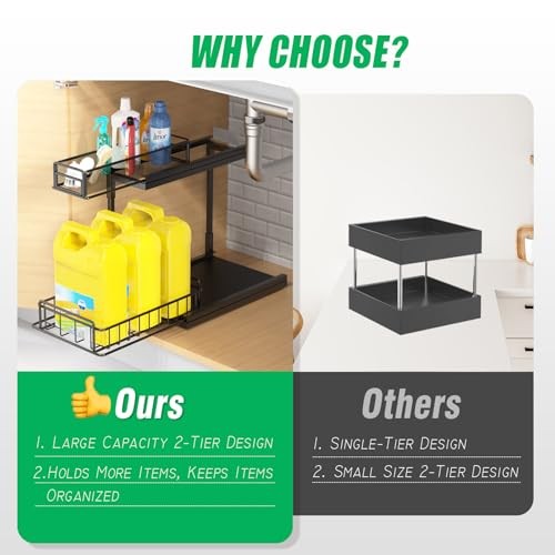 Under Kitchen Sink Pull Out Organizer, Pull Out Under Cabinet Black-2 Pack