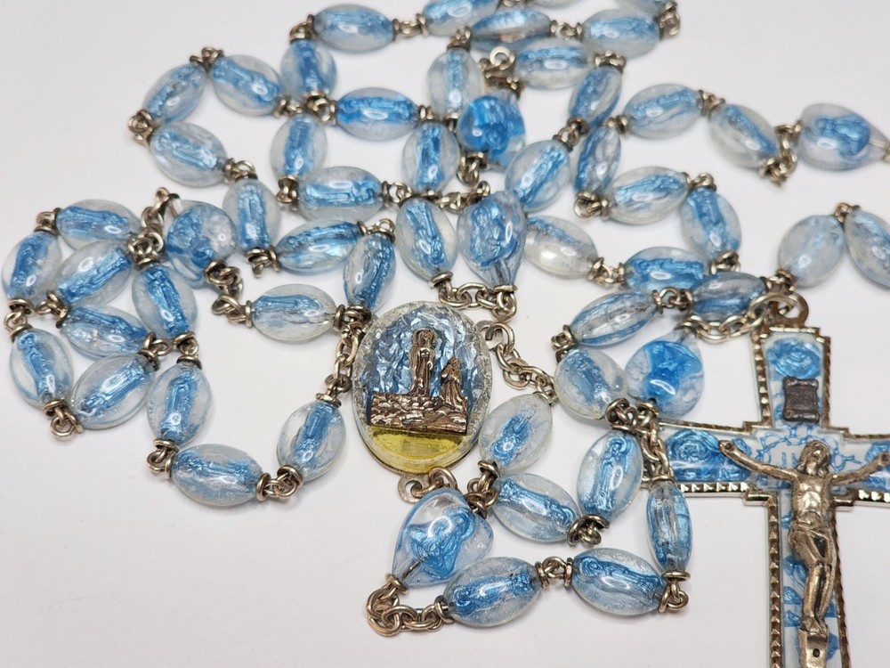 Vintage Lourdes Legatura Alpacca Brevetto Blue Lucite Bubble Bead Rosary Italy