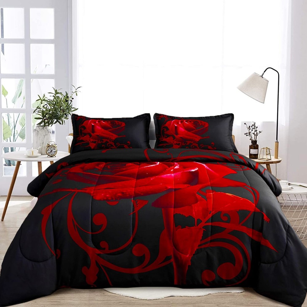 WONGS BEDDING Red Comforter Set King Reversible Red Rose Pattern Printed Bedd...