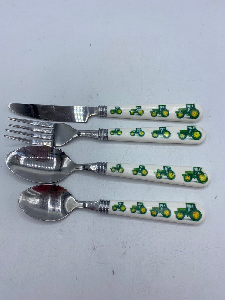 4 Piece Flateware John Deere tractor Gibson Dinner Knife 2-Spoons Fork Plastic