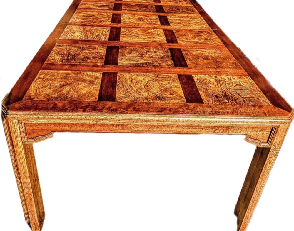 Drexel Heritage Mid-Century Oak & Burl Solid Wood Extendable Dining Table