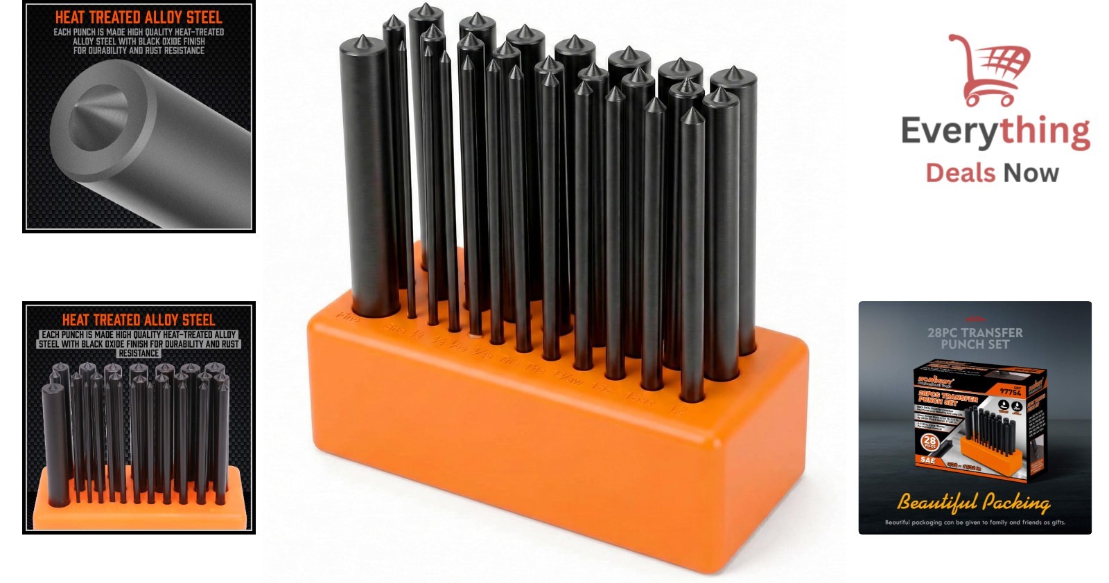 28-Piece Transfer Punch Set 3/32" to 1/2" Heat Treated Alloy Steel Index Stand
