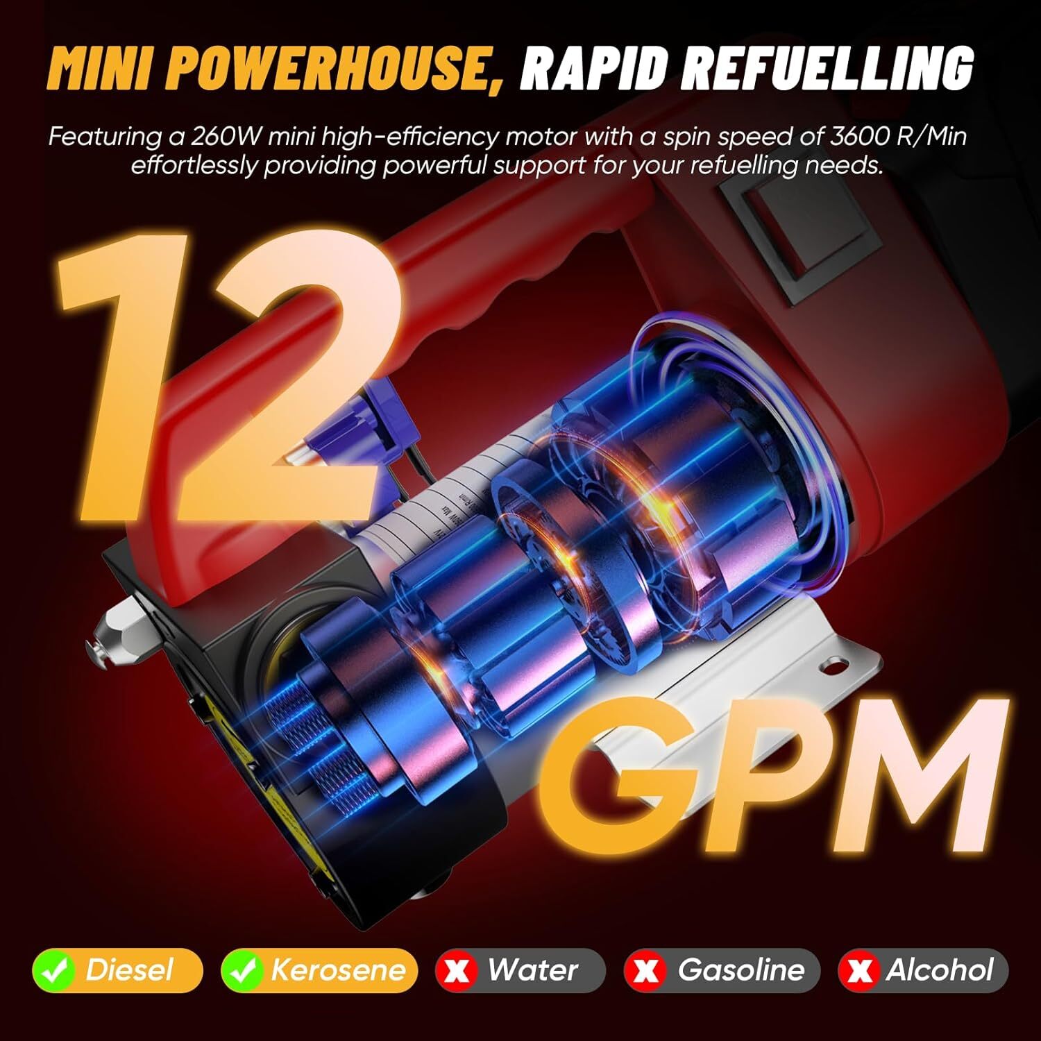 Cordless Electric Fuel Transfer Pump with Nozzle & Hoses Kit 12GPM 4.0Ah Battery