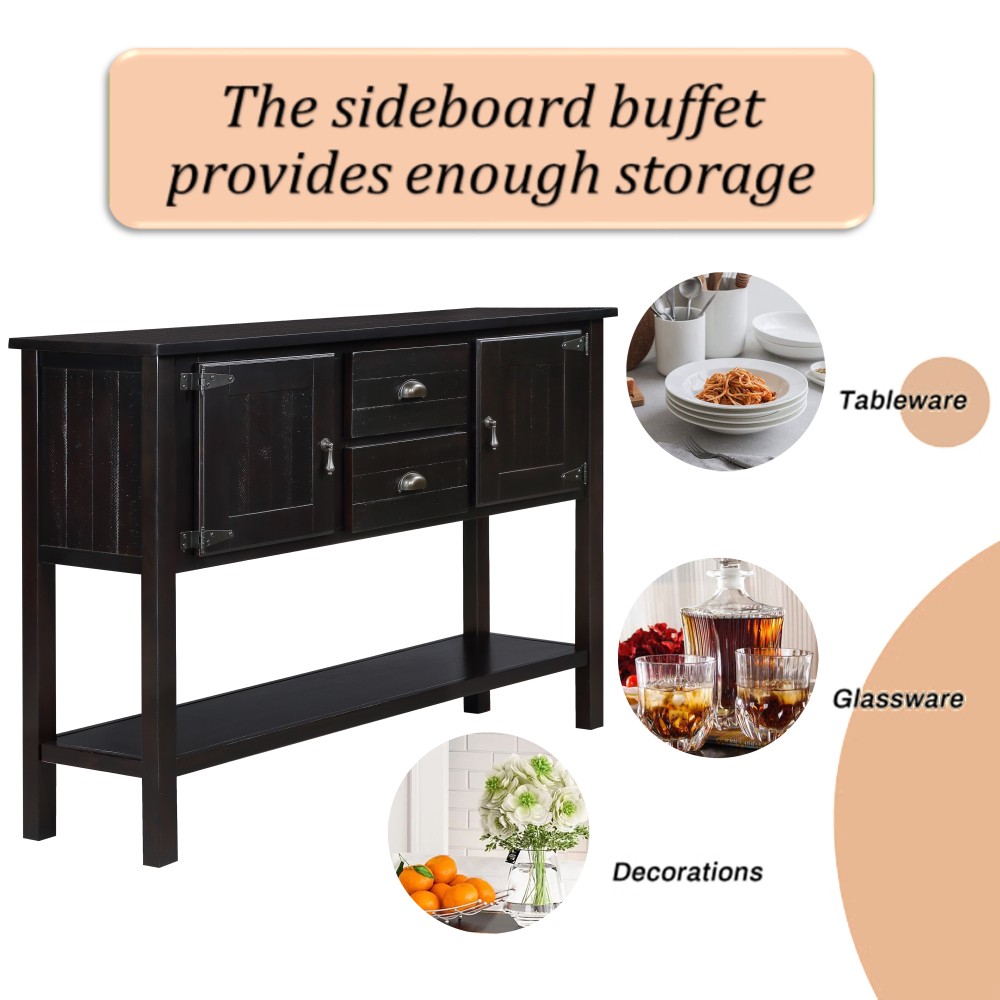 Solid Wood Sideboard Console Table 48'' - 2 Drawers/Cabinets, Shelf,Espresso