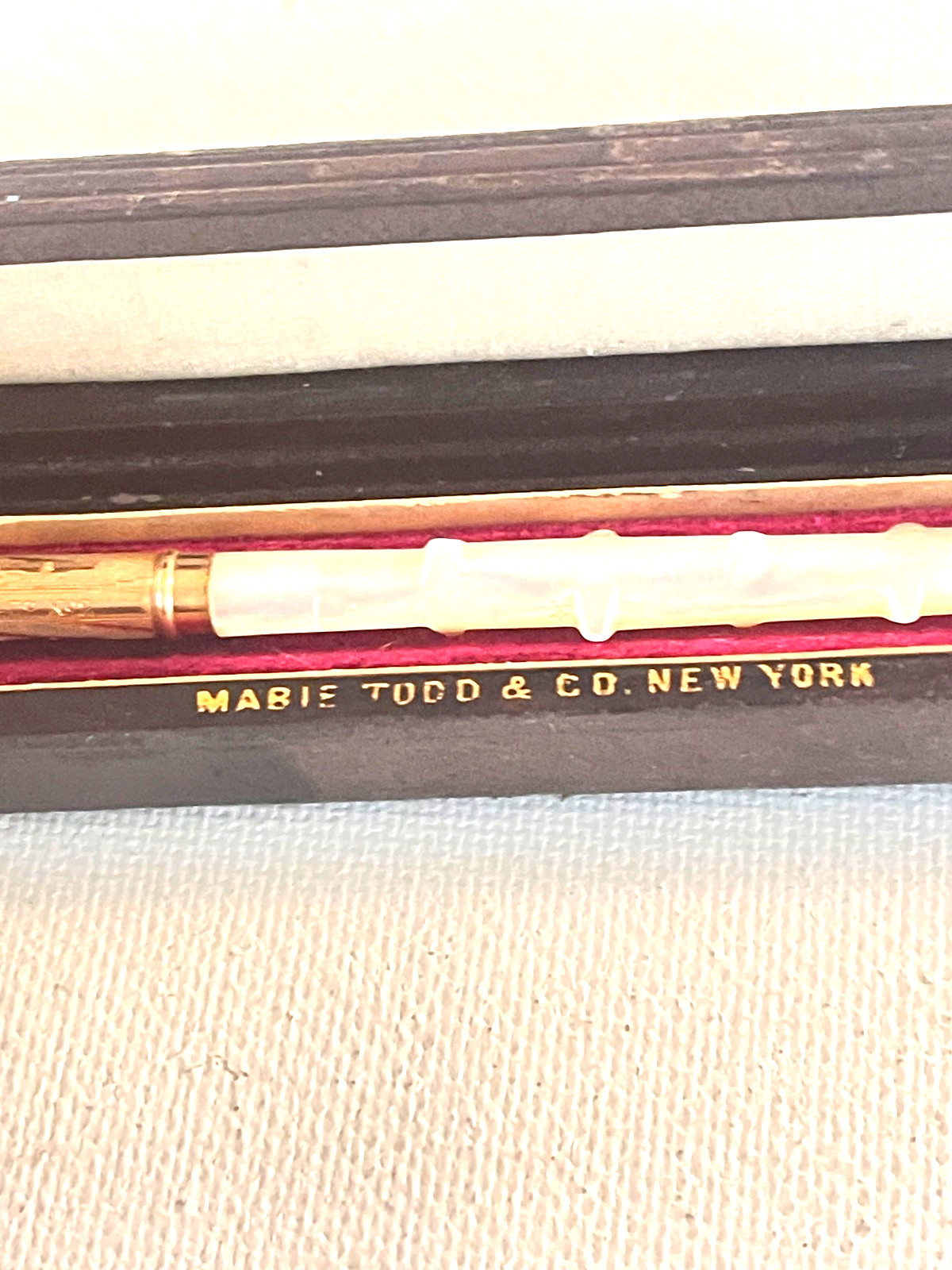 1890s Mabie Todd gold dip pen with mother of pearl handle in original box
