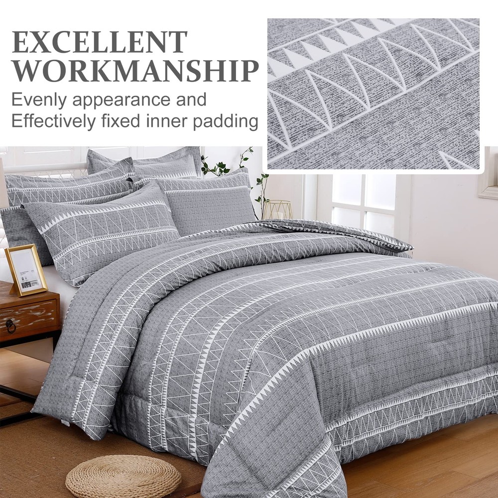 Grey Comforter Set Queen, Soft Microfiber Reversible Gray Boho Down Alternative