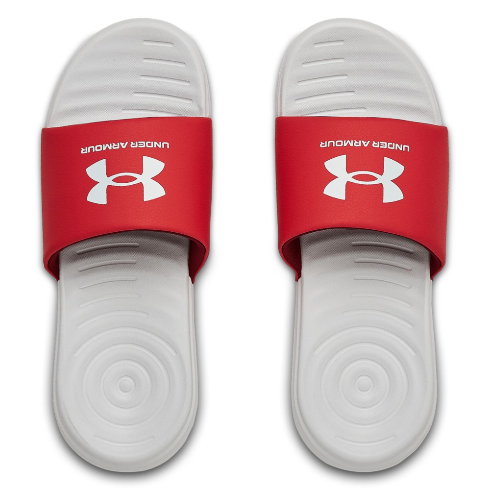 Under Armour 3023761 Men's UA Ansa Fix Slides, Halo Gray/Red, Size 14