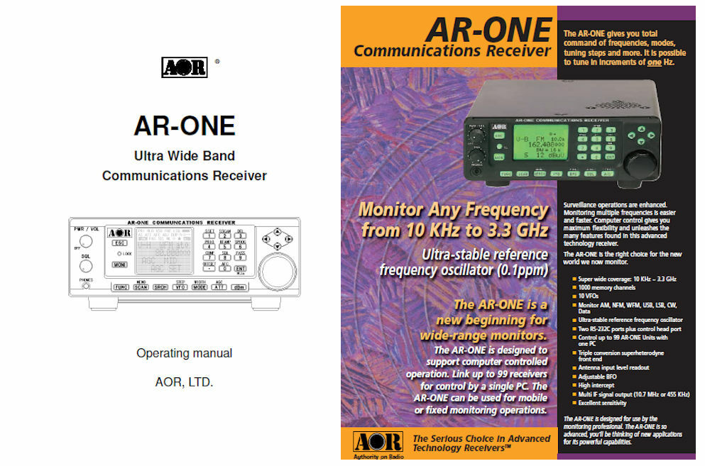 AOR AR-ONE ONE RECEIVER OPERATING MANUAL + COLOR BROCHURE
