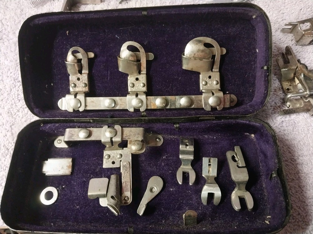 Vintage Sewing Machine Assorted Feet, Assorted Attachments, Bobbins, & Cases