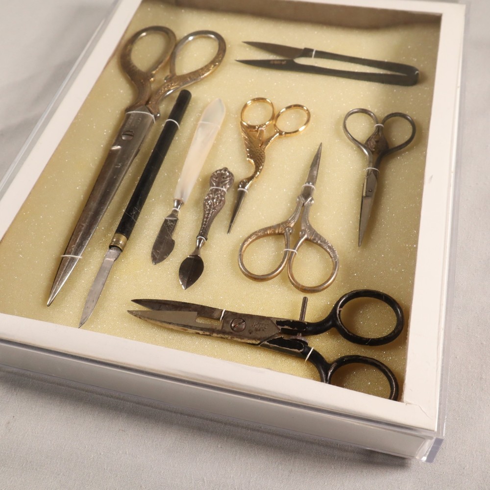 Antique Sewing Tools Scissors Quill Knives Thread Snips Display See Description