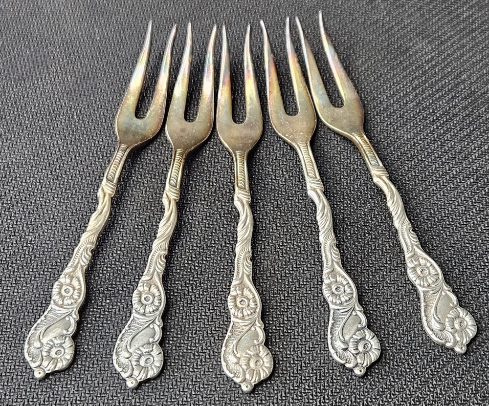 Vintage 1950's Set of 5 Nils Johan Silver Plated Appetizer Forks w/ Holder Cup