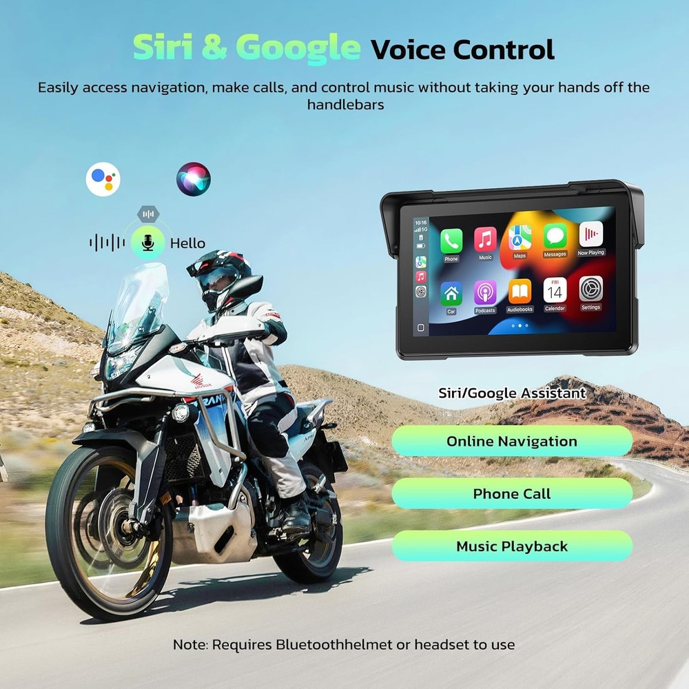 7" Waterproof Motorcycle Navigator Wireless CarPlay Android Auto Portable Screen