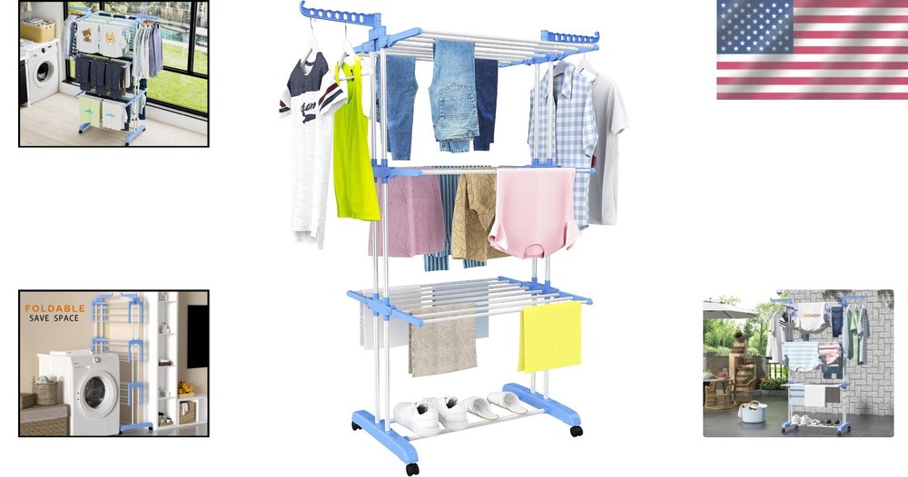 Elegant 4-Tier Foldable Clothes Drying Rack - Movable and Durable Design