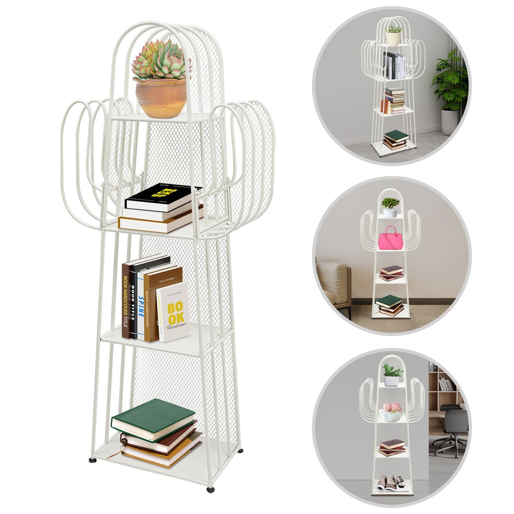 4-Tier Iron Book Shelf Cactus Bookcase W/ Mesh Baffle+6 Compartments For Study.