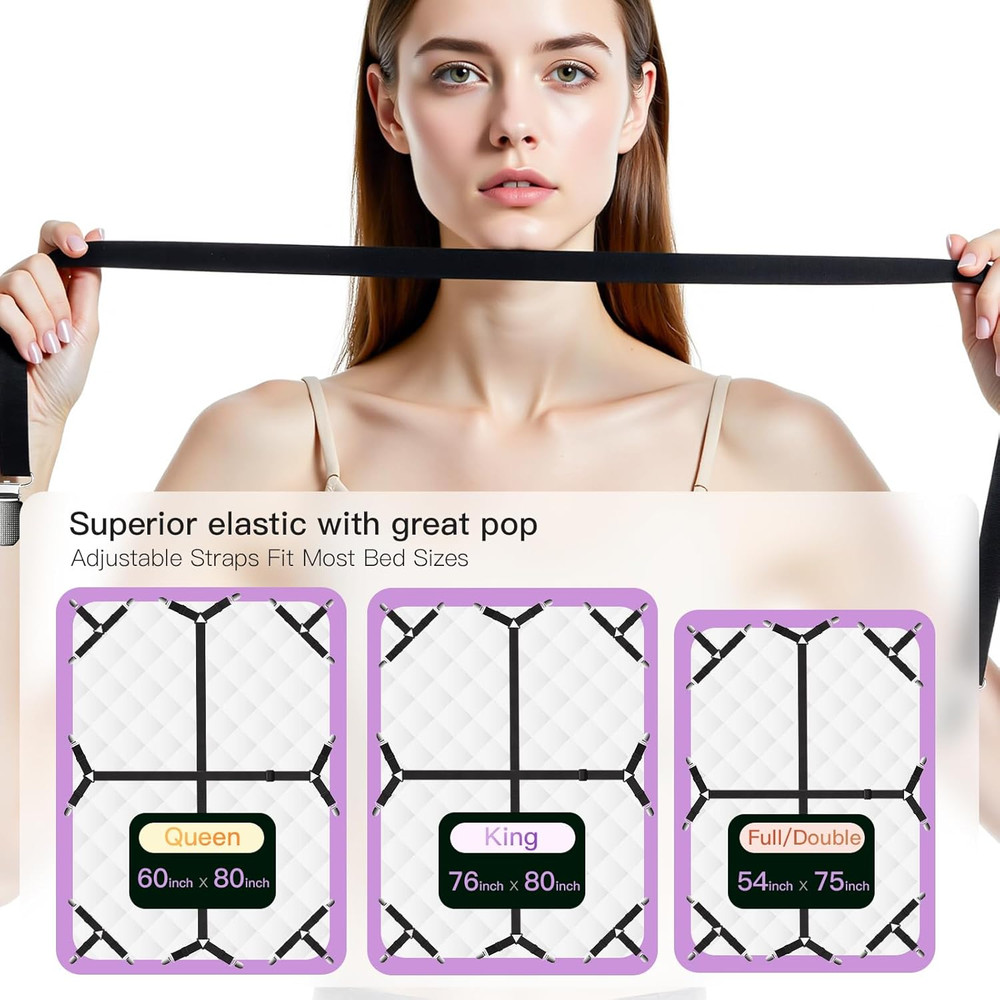 12PCS Bed Sheet Straps, Secure & Adjustable Fitted Sheet Holders for Full, Queen