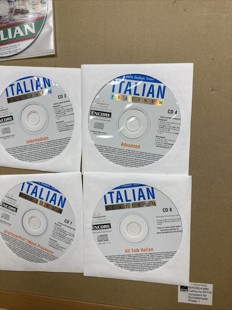 Transparent Language Learn Italian Platinum 8 + 1 CD-ROMs EUC 2004