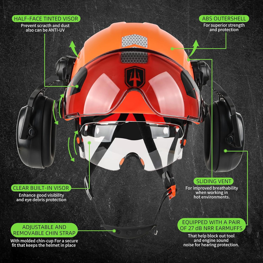 Vented Hard Hat with Visor & Ear Muffs for Construction & Forestry