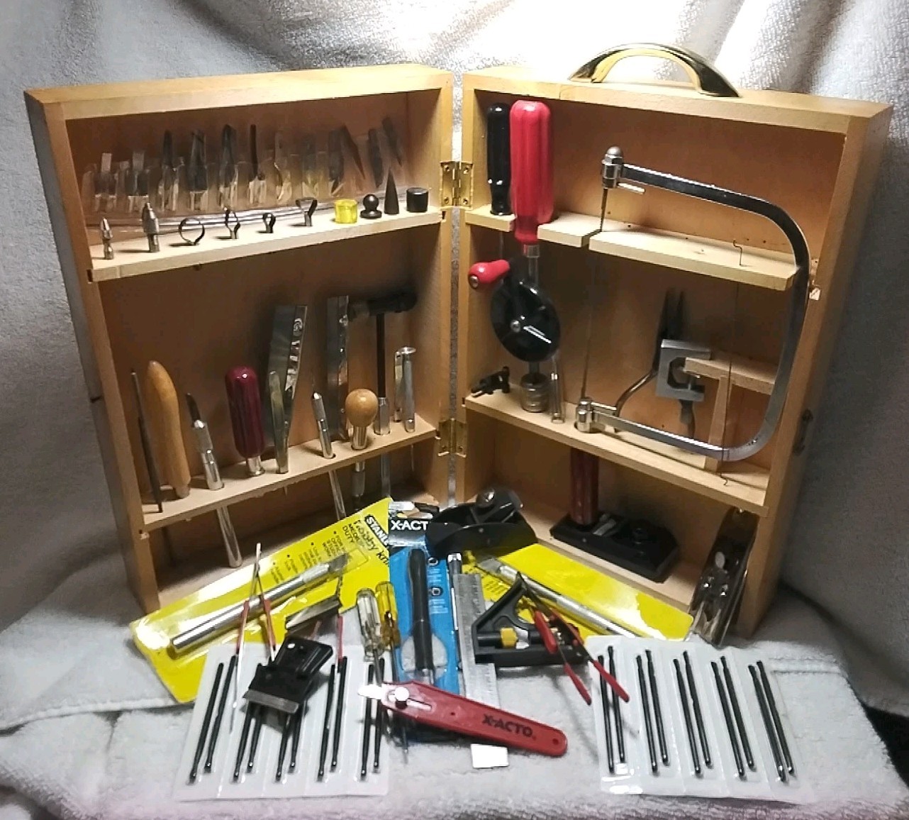 X-ACTO CUSTOMIZED HOBBY CABINET & STANLEY BRAND TOOLS &ASSORTED ITEMS " VINTAGE