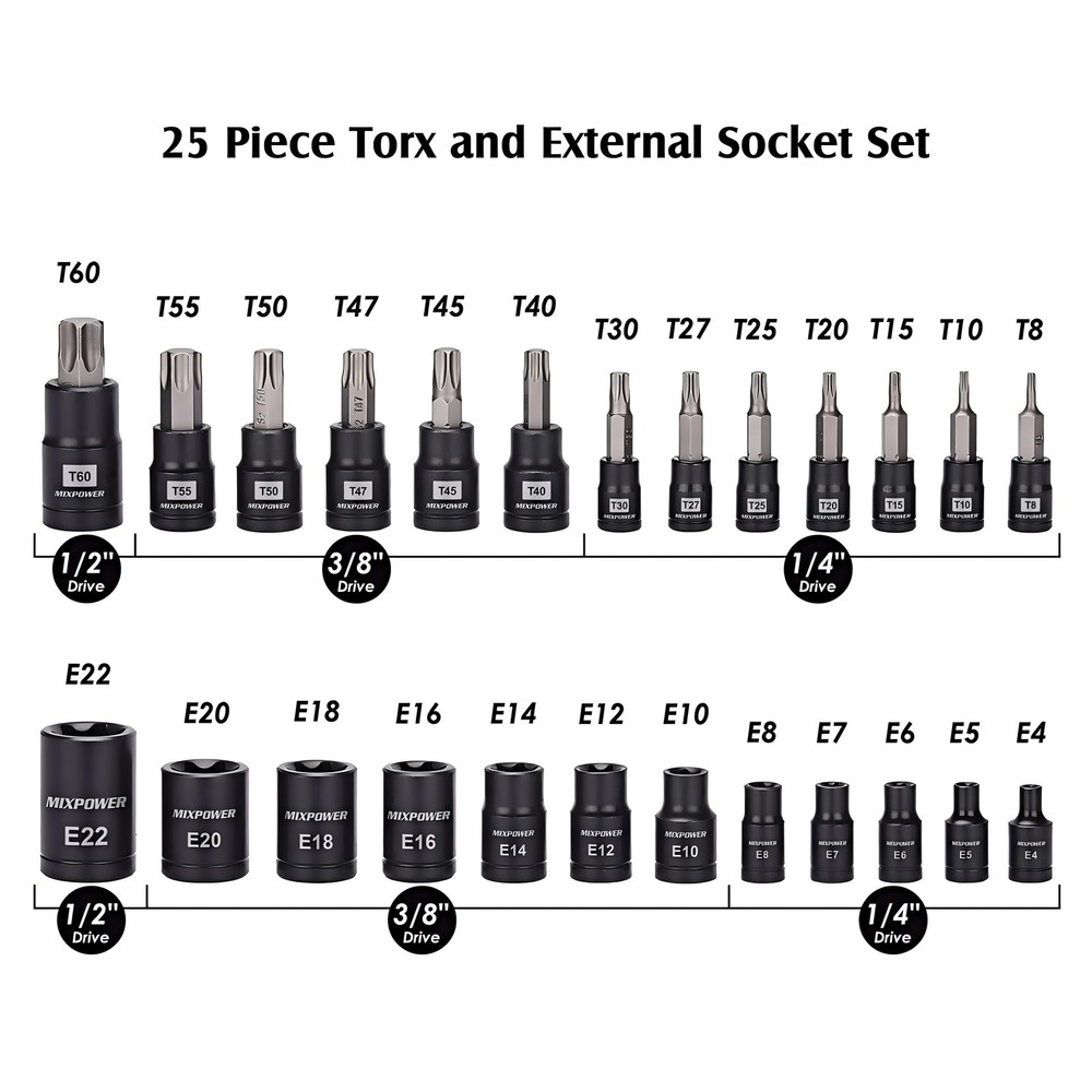 25PACK Torx Bit Socket and External Socket Set 13 T8-T60 & Female E-Torx Sockets