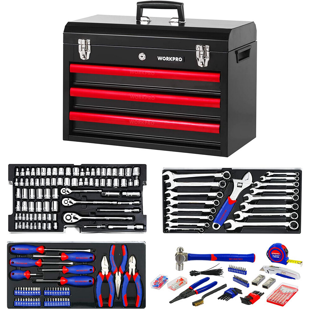 WORKPRO 408 Piece Mechanics Tool Set Socket Wrench Set With Heavy Duty Metal Box