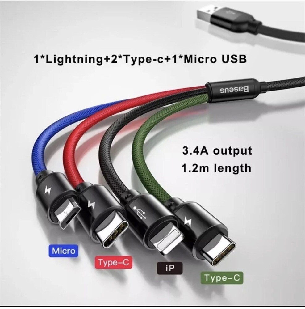 Baseus 4 in 1 Multi USB Charging Cable Fast Charger Cord For iPhone/Type C/Micro