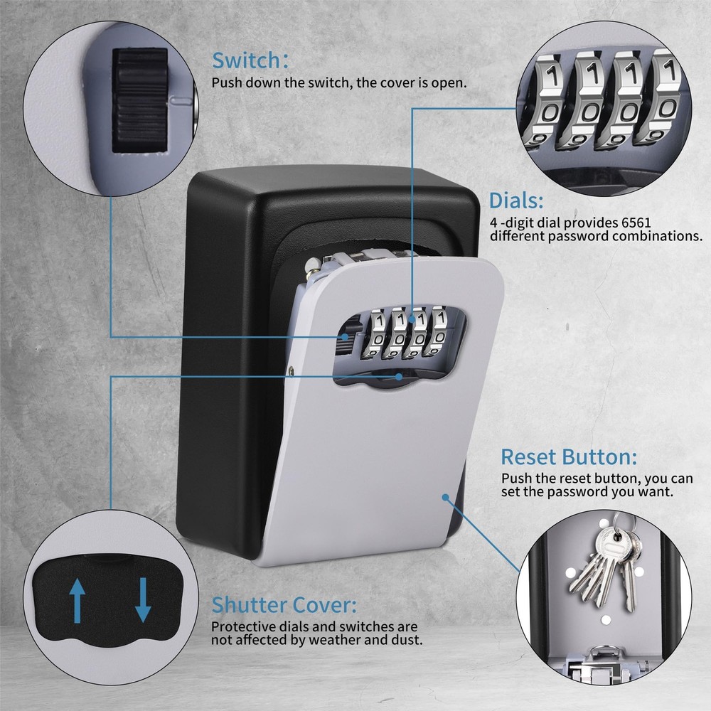 Key Lock Box Outdoor Waterproof 5 Key Capacity Resettable Code Safe