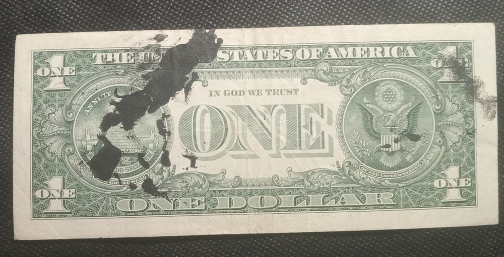 2017 1 Dollar Bill With Ink Error, Back and Front Smear, Lightly Circulated