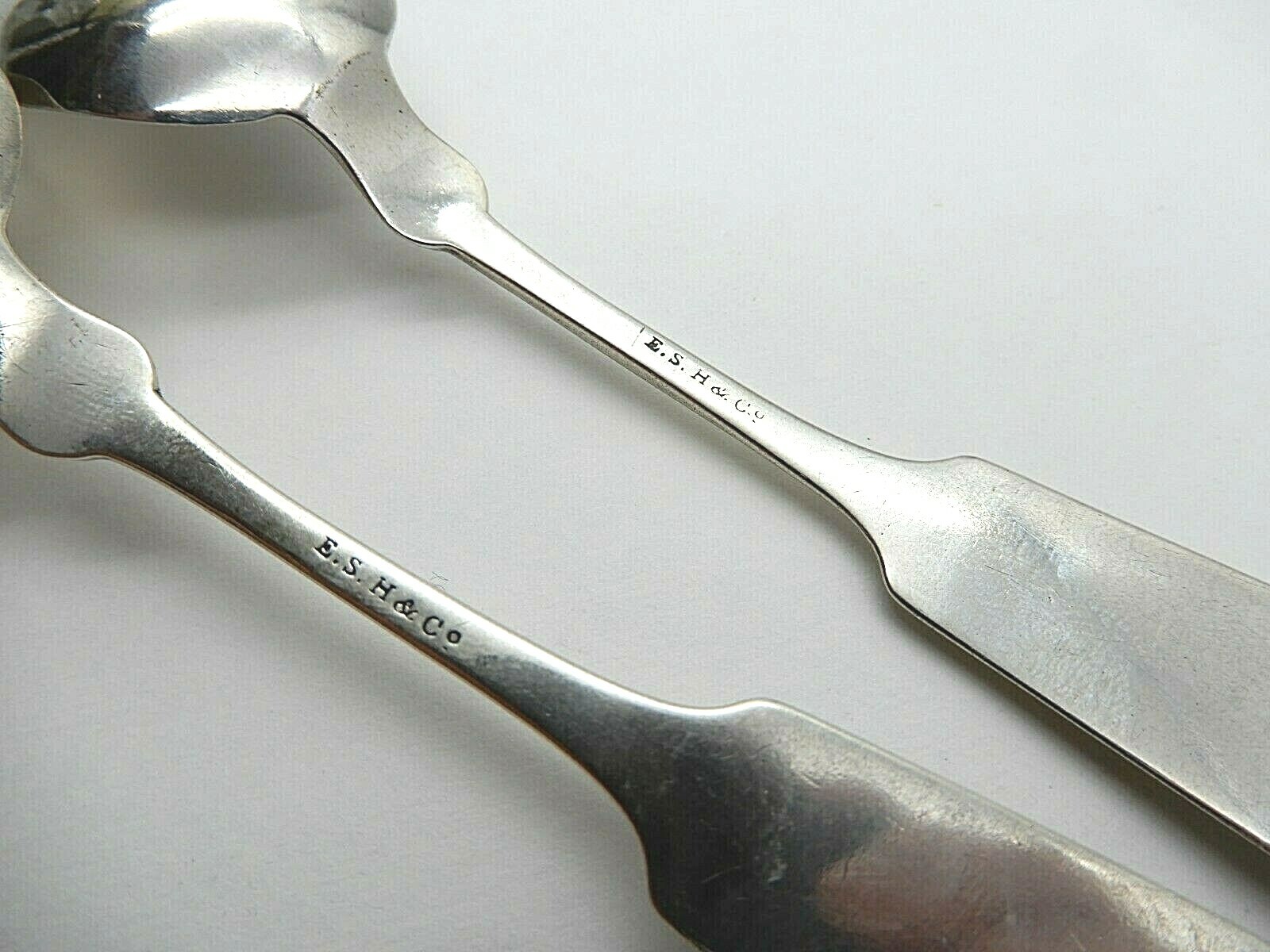 ANTIQUE SET OF TWO E.S. HUNTINGTON CO. (CT) MONOGRAMMED COIN SILVER SPOONS