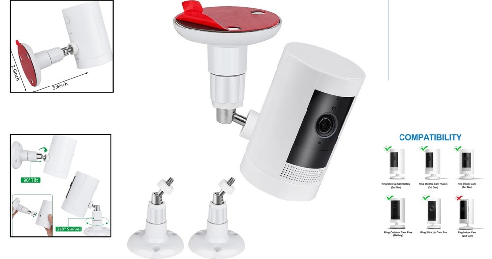 2-Pack Adjustable Wall Mount for Ring Cameras - 360° Screwless Installation