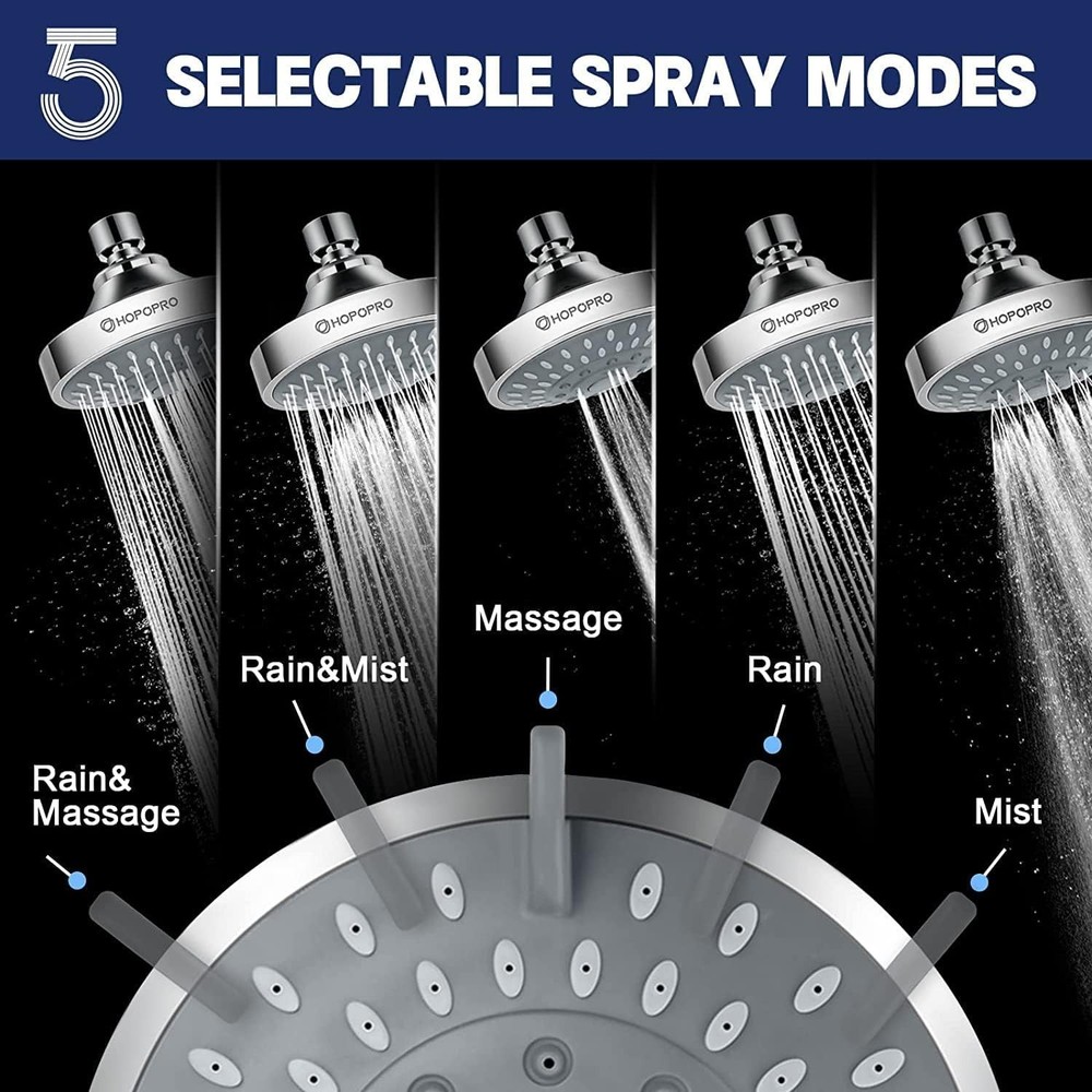 High Pressure 5-Mode Shower Head 4" Chrome - High Flow Fixed Showerhead