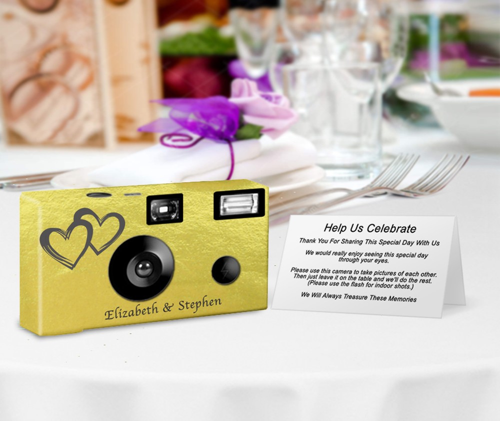 5 Gold Foil Coupled Heart Wedding Cameras, Disposable  (F50145)