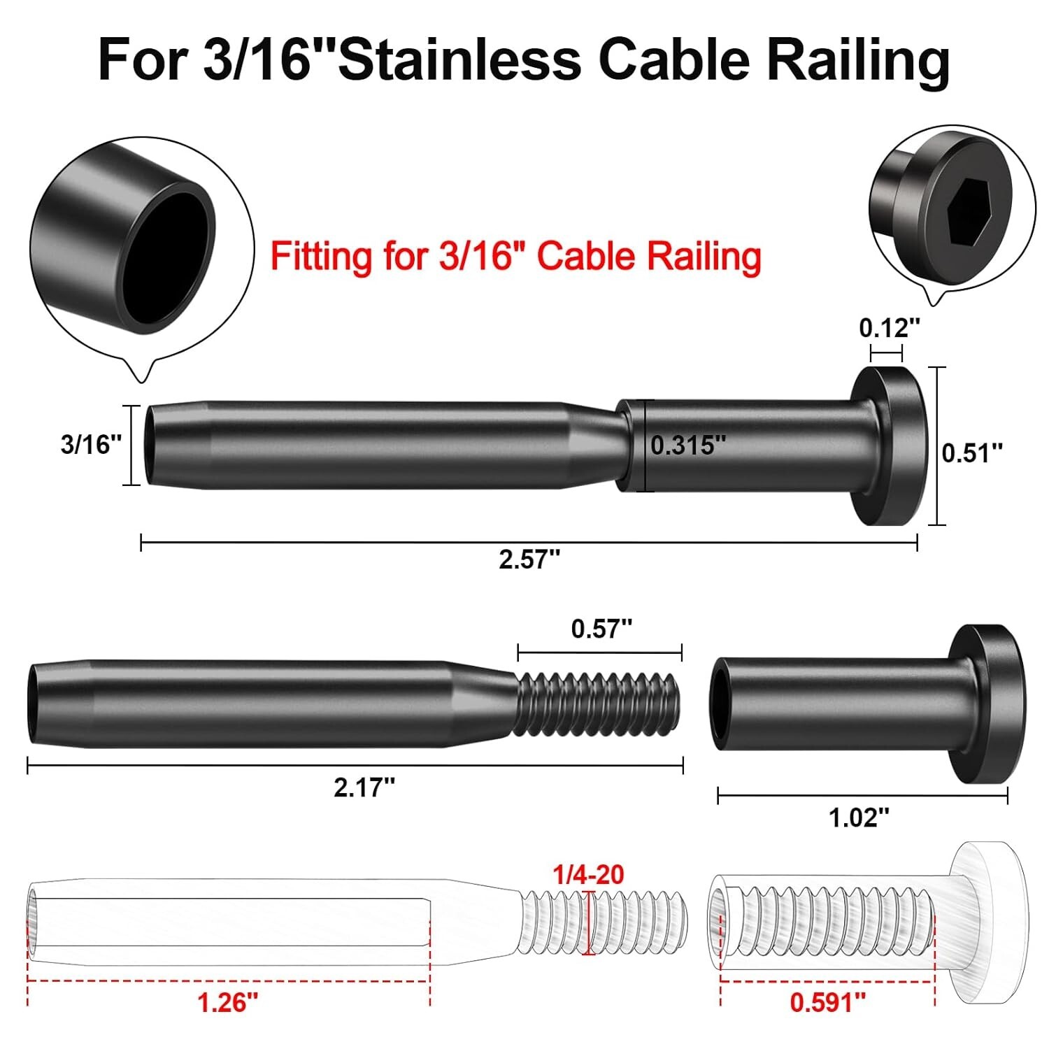 Black T316 Stainless Steel Swage Invisible Receiver End Fitting 3/16" Cable rail