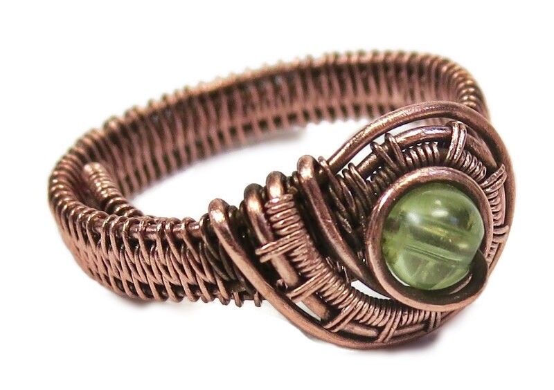 Peridot Adjustable Ring, Woven in Copper Wire