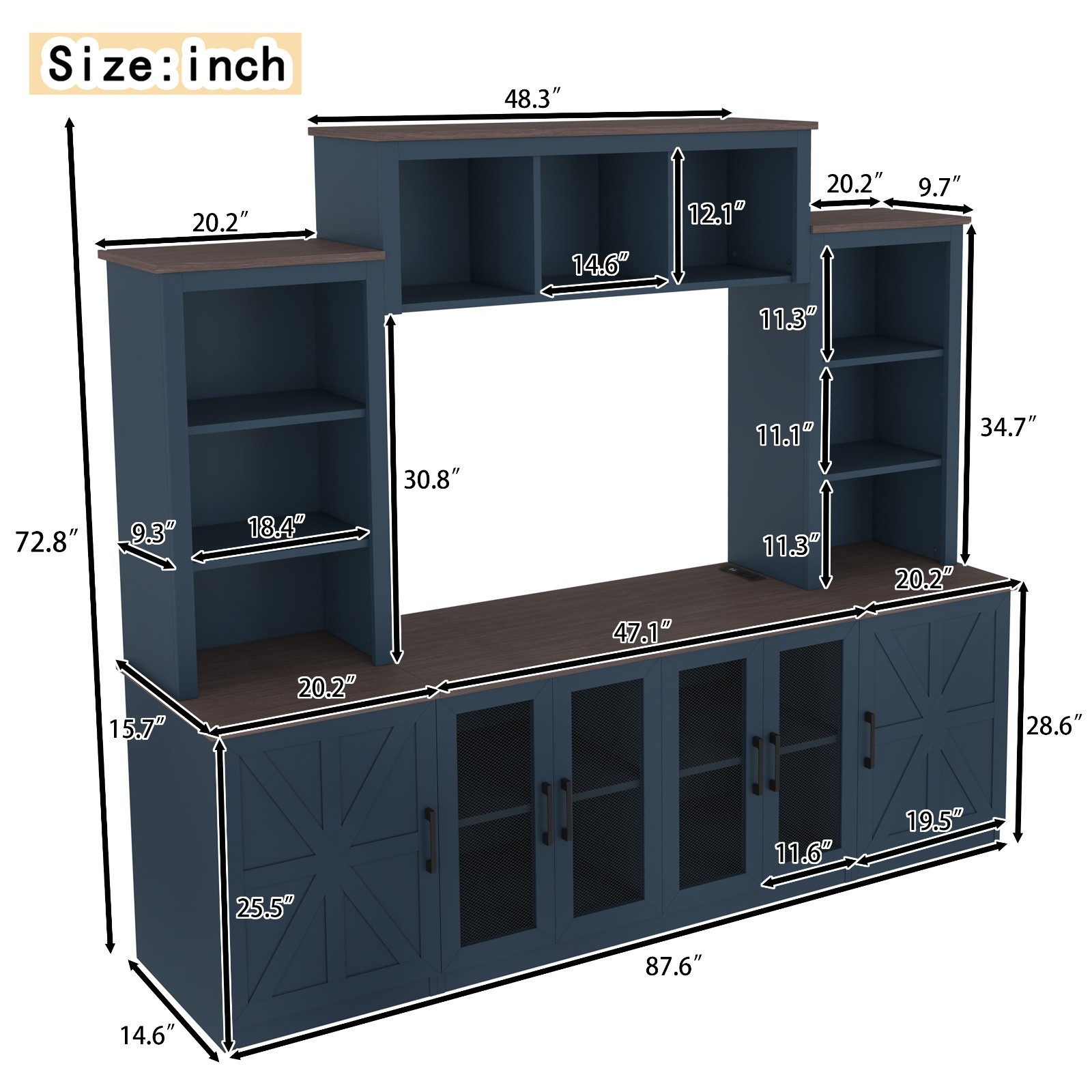 Blue Wall Unit Entertainment Center with Charging Station USB Storage TV Stand