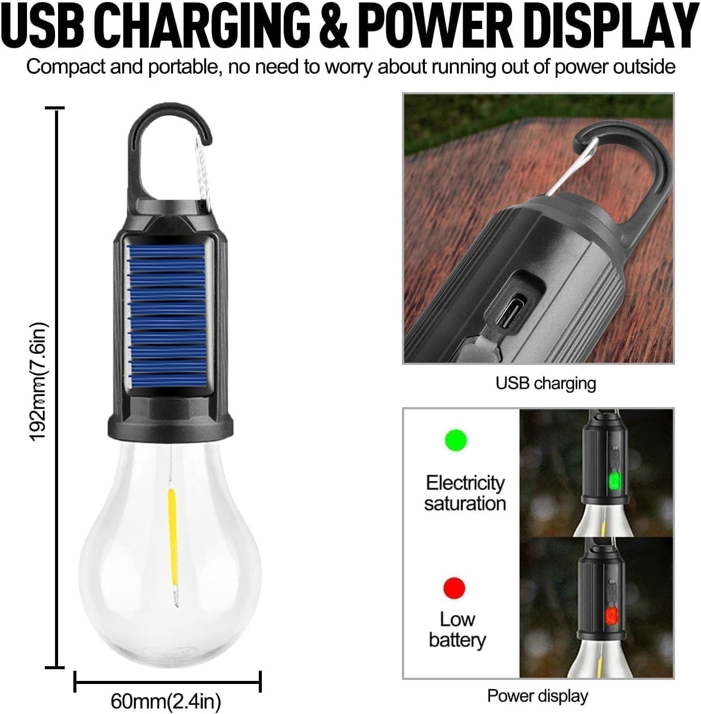 2Pcs Solar Powered Hanging LED Light Bulb Outdoor Waterproof Tent Camping Lights