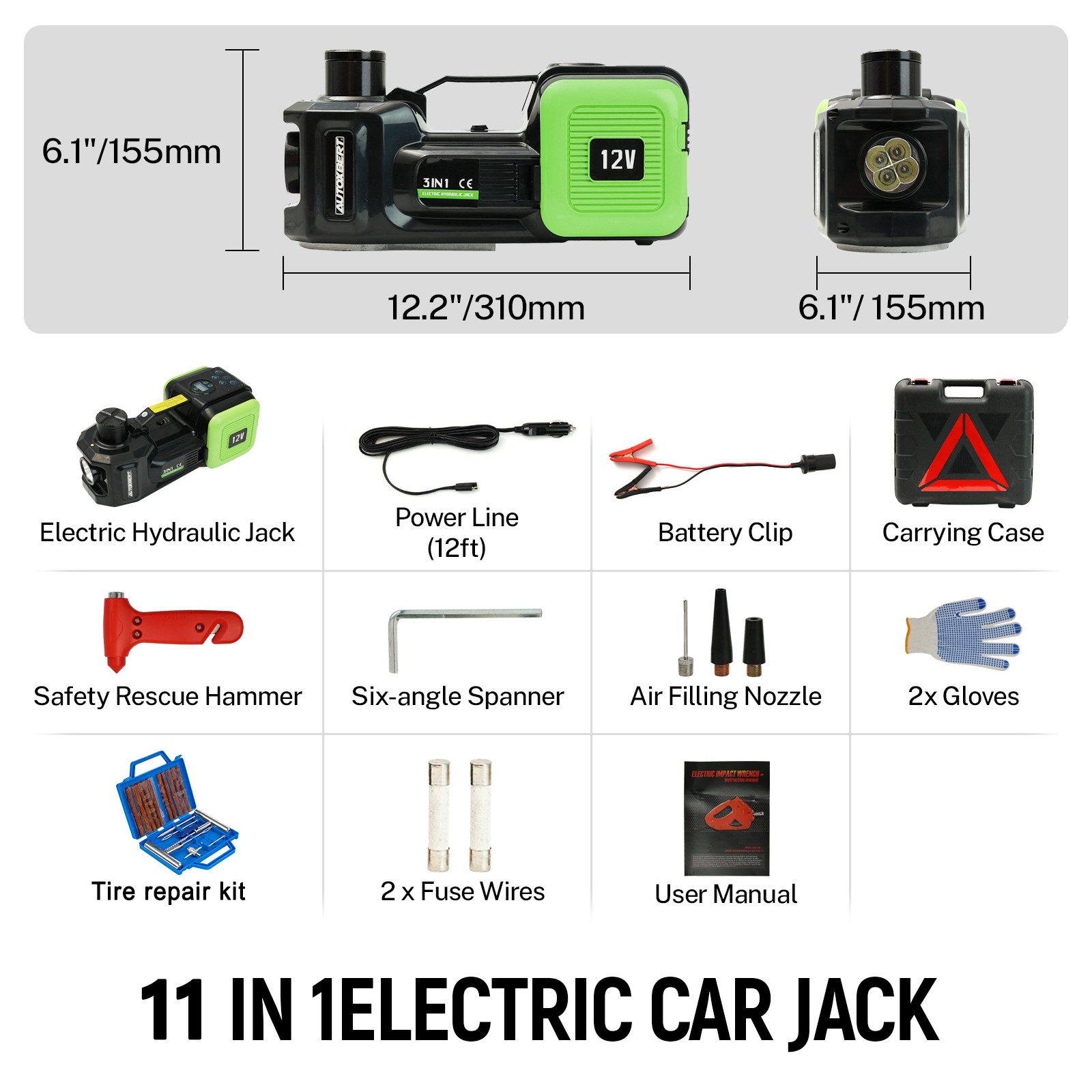 Electric Hydraulic Floor Jack 5 Ton 12V w/ Tire Inflator Air Pump Repair Kit Car