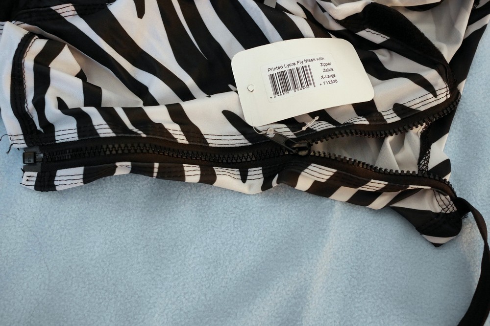 NWT Extra Large [XL] Zebra Pattern Lycra Zipper Fly Mask with Ears