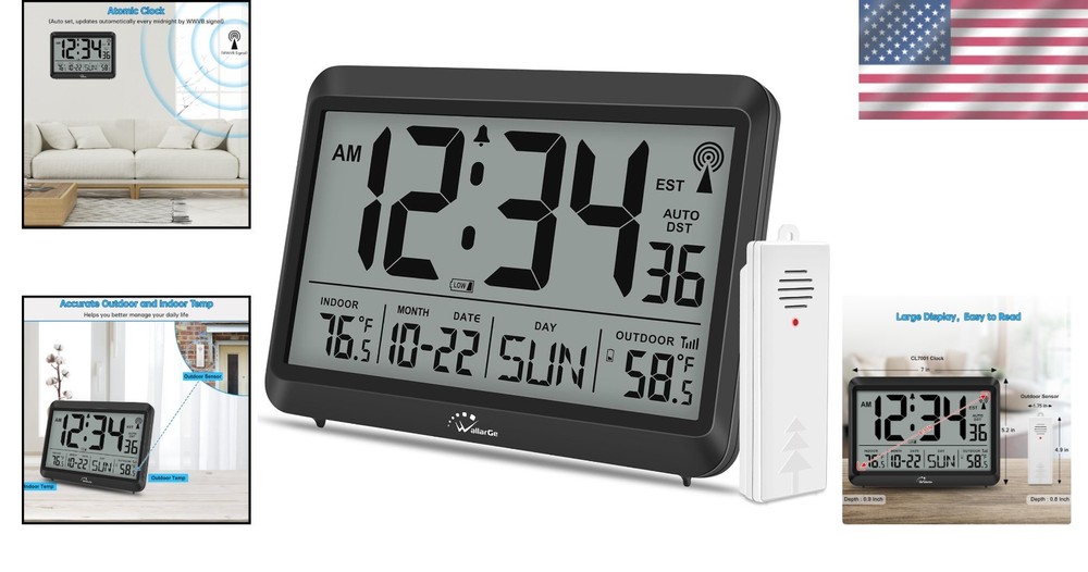 Modern Atomic Wall Clock - Self-Setting, Indoor Outdoor Temp