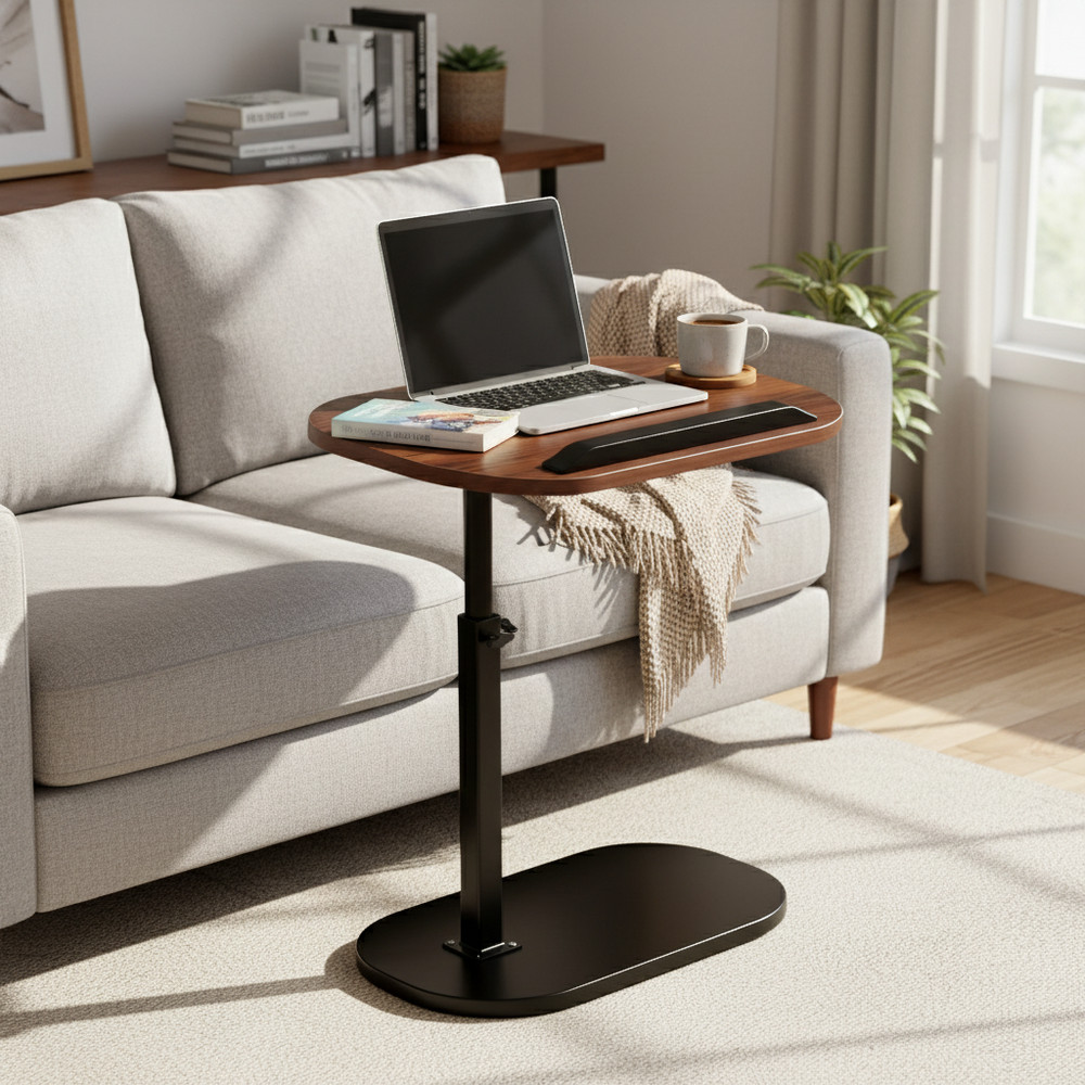 Swivel Walnut C-Shaped Side Table Height Adjustable End Table for Sofa with Slot