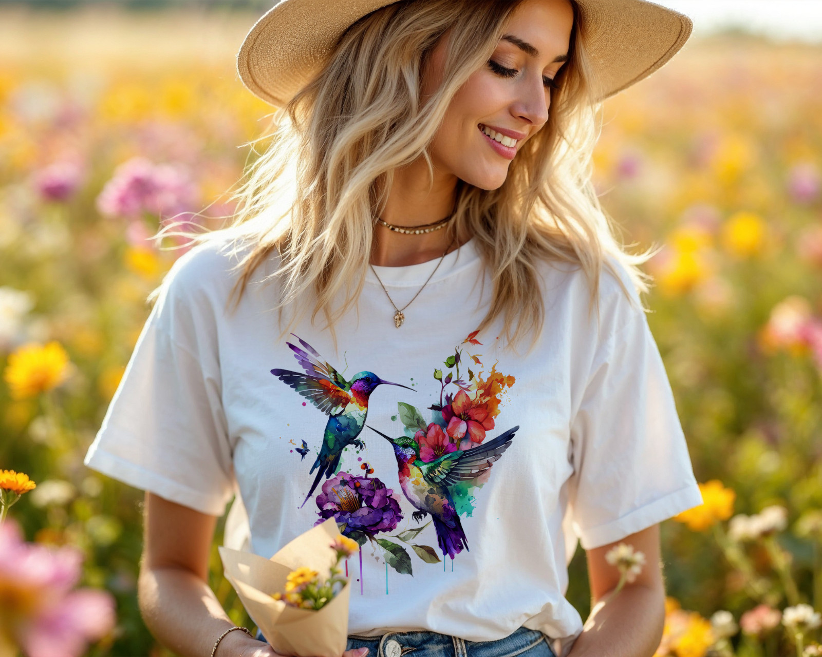 Watercolor Hummingbird Shirt – Colorful Floral Bird Art Tee A448