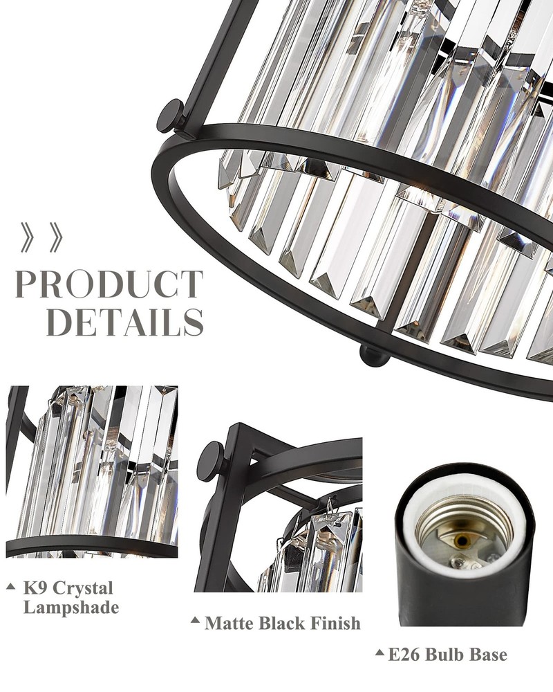 Crystal Flush Mount Ceiling Light, 1-Light Black Ceiling Light, Modern Flush ...